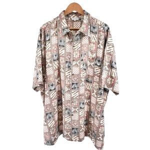 Vtg King Size Mens Button Up Shirt Sz 2XB Mixed Patchwork Print Earth Tones